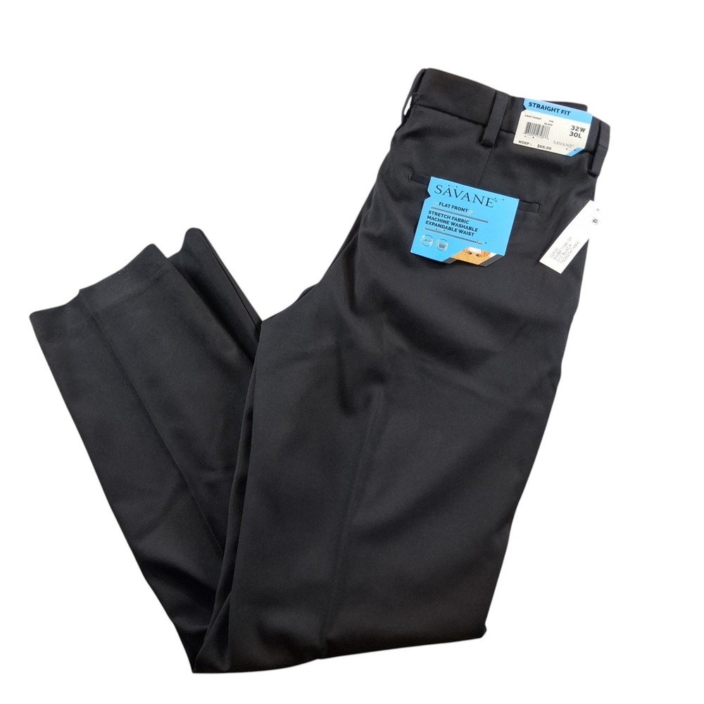 Savane‎ Dress Pants 32x30 Black Straight Fit Flat Front Stretch SWBF70960F NEW